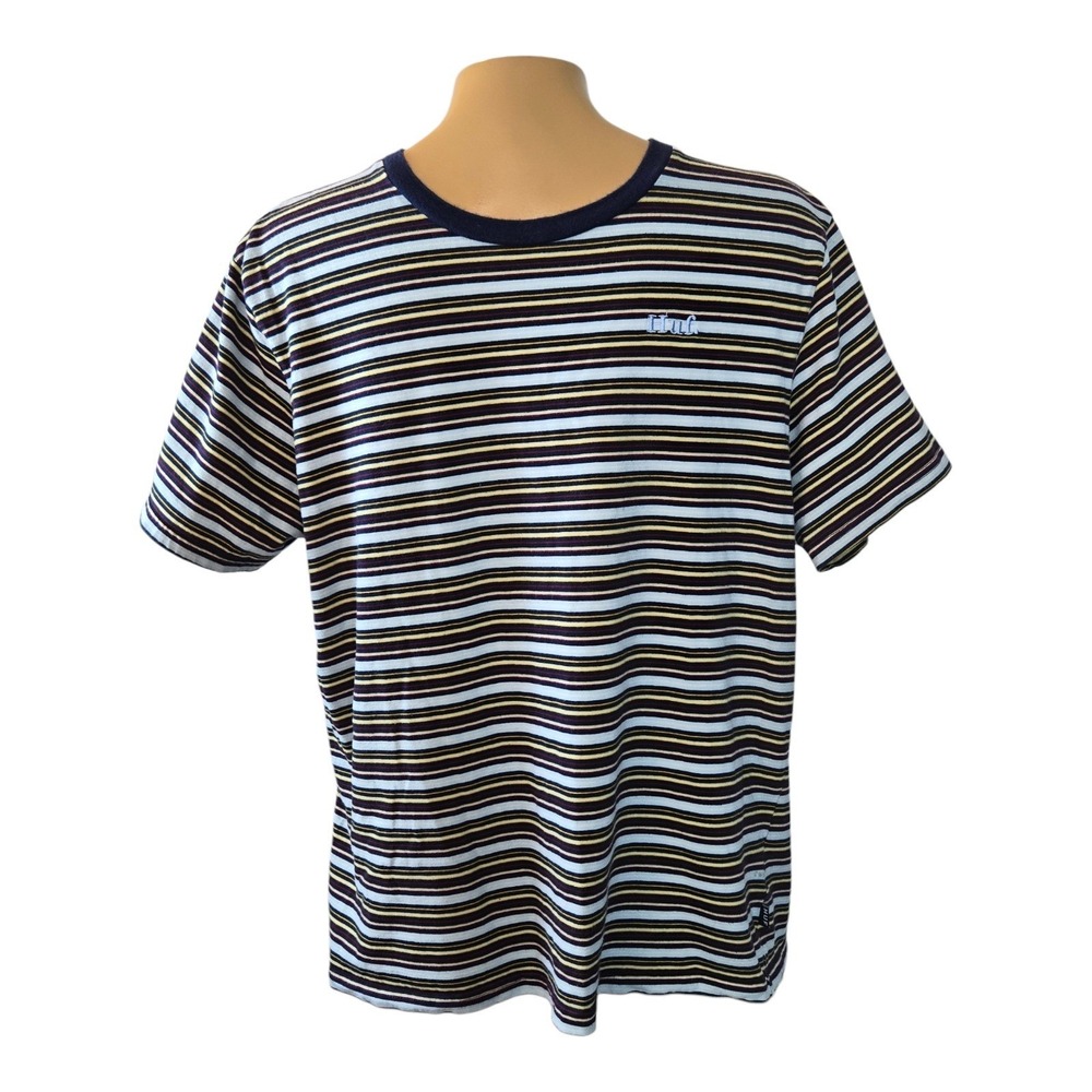 HUF Mens Striped  T-Shirt Large Blue Yellow Logo Ringer Tee Blokecore‎ Cotton